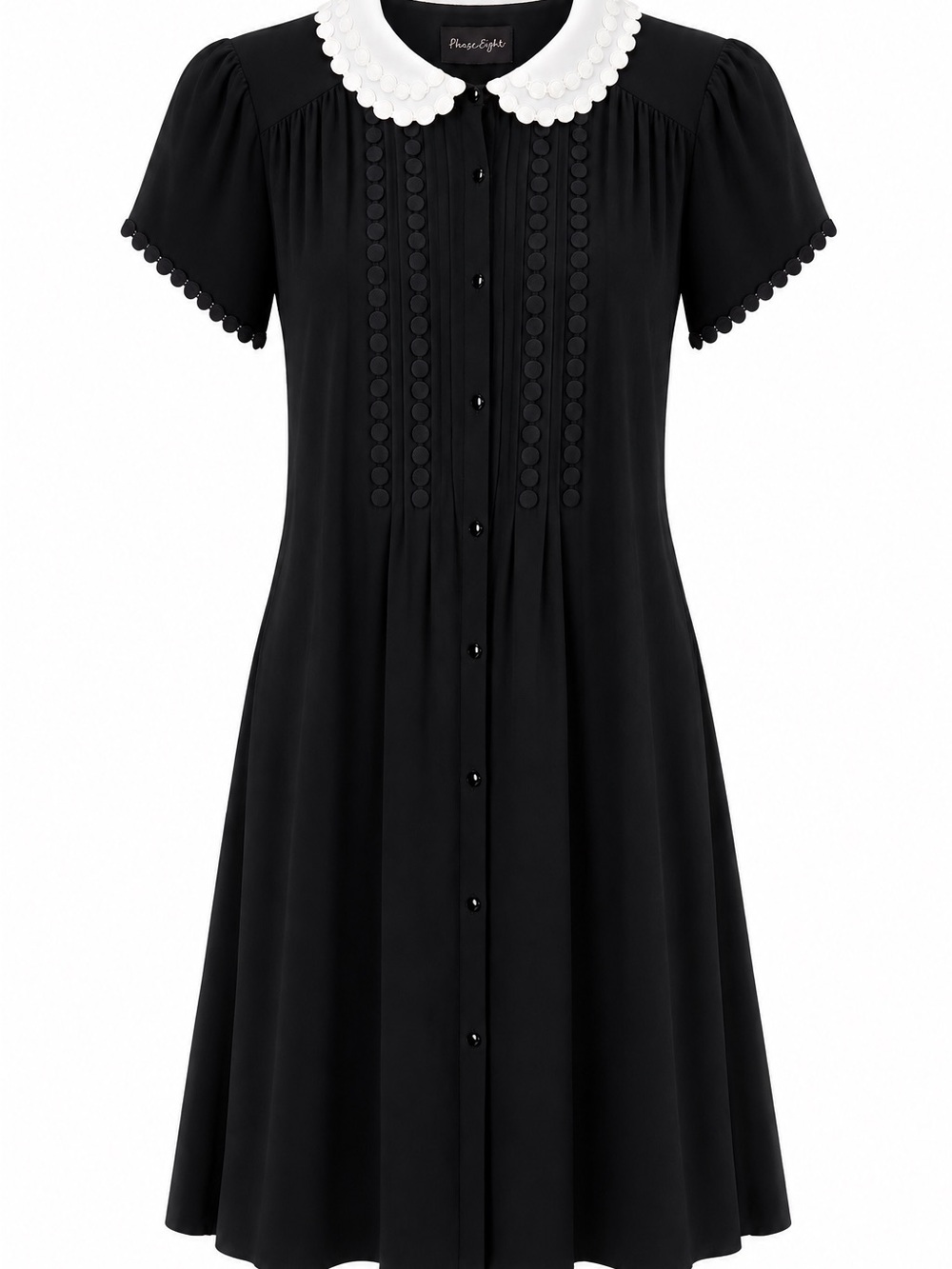 Black Short-Sleeve Dress with White Scalloped Peter Pan Collar